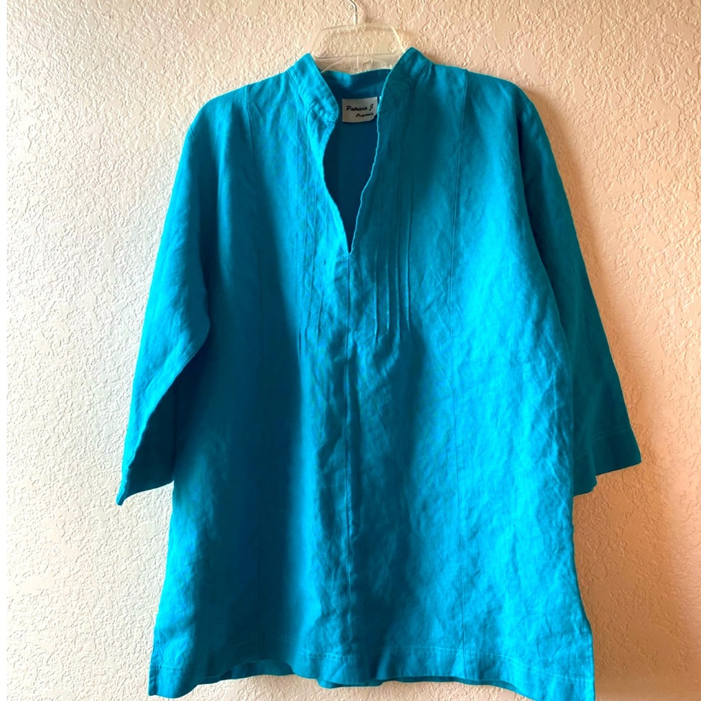 Patricia J OriginalsWomen's Linen 3/4 Sleeve Pleated Blouse  Modest Beach M Teal